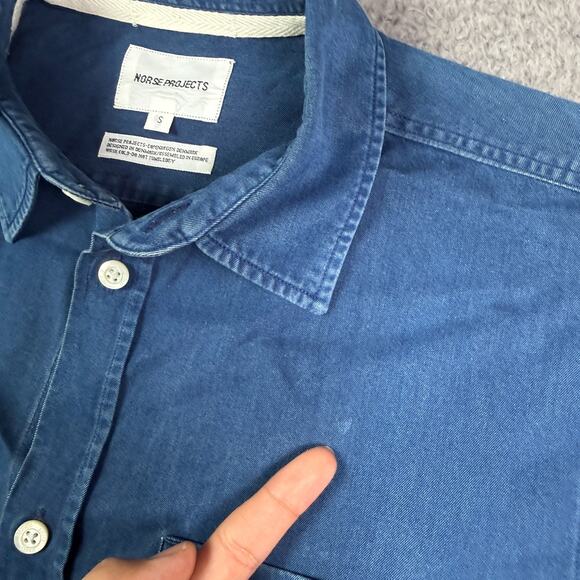 Norse Projects Shirt Mens S Blue Anton Denim Short Sleeve Casual Pocket - Picture 3 of 10